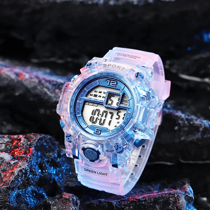Large dial transparent electronic watch, multifunctional children's sports electronic watch
