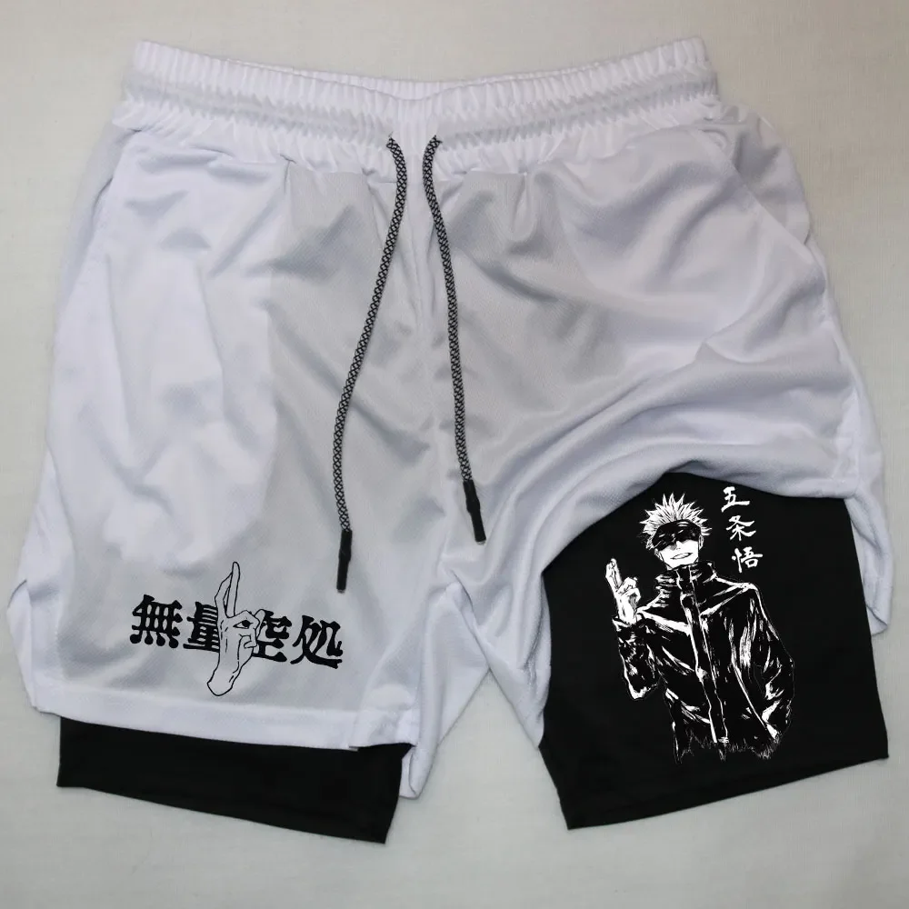 Shorts Masculinos de Compressão Anime 2 em 1, Gojo Satoru Print, Roupa Esportiva para Desempenho, Treino de Ginásio Masculino Shorts Esportivos de Fitness