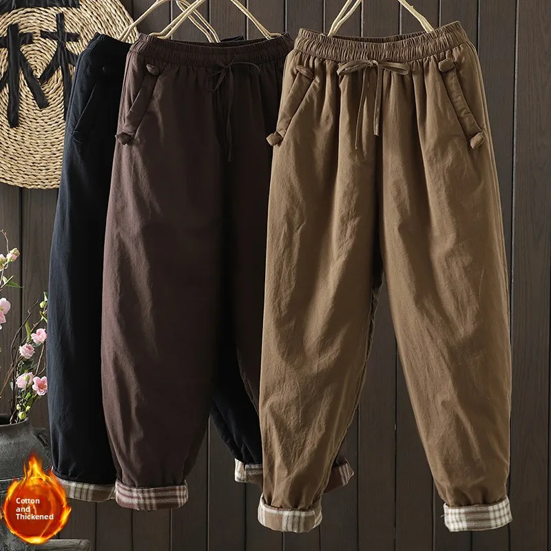 Thickened Cotton Pants Men's Winter Fashion Retro Harlan Trousers Warm Casual Long Pants Elastic Waist Slimming Effect
