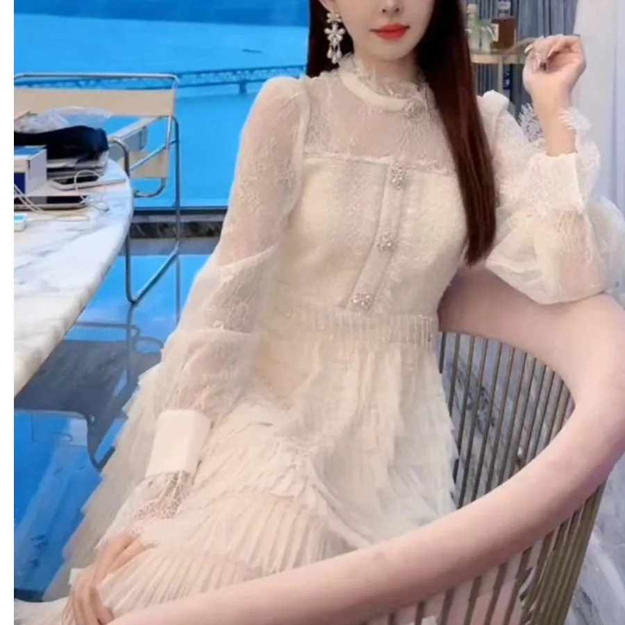 

Новая весенняя женская твидовая юбка премиум-класса с кристаллами и бахромой Ele Fairy Long Sve, миди с высокой талией Dr