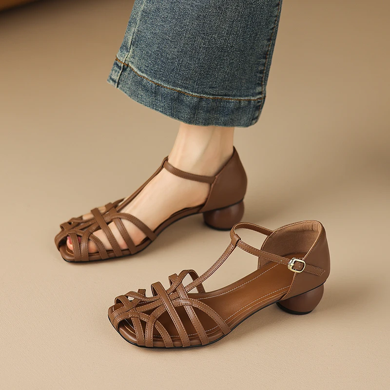 2026 new summer women sandals natural leather 22-25cm cowhde+sheepskin+microfiber back-buckle round heel women shoes fashion