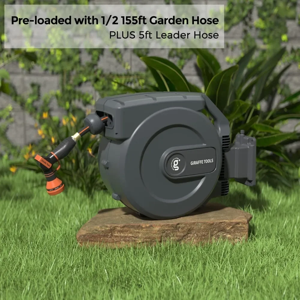 

1/2" x 155 ft, Heavy Duty Retractable Garden Hose Reel with Any Length Lock, Slow Return System, Wall Mounted and 180 Deg Swivel