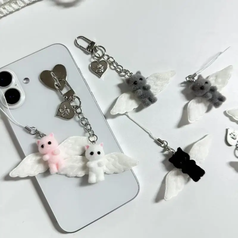 Chaveiro Fofo de Coração de Gatinho com Asas de Anjo, Pingente de Telefone Kawaii de Gatinho Flocado, Cordão Anti-Perda, Decoração de Bolsa, Presente
