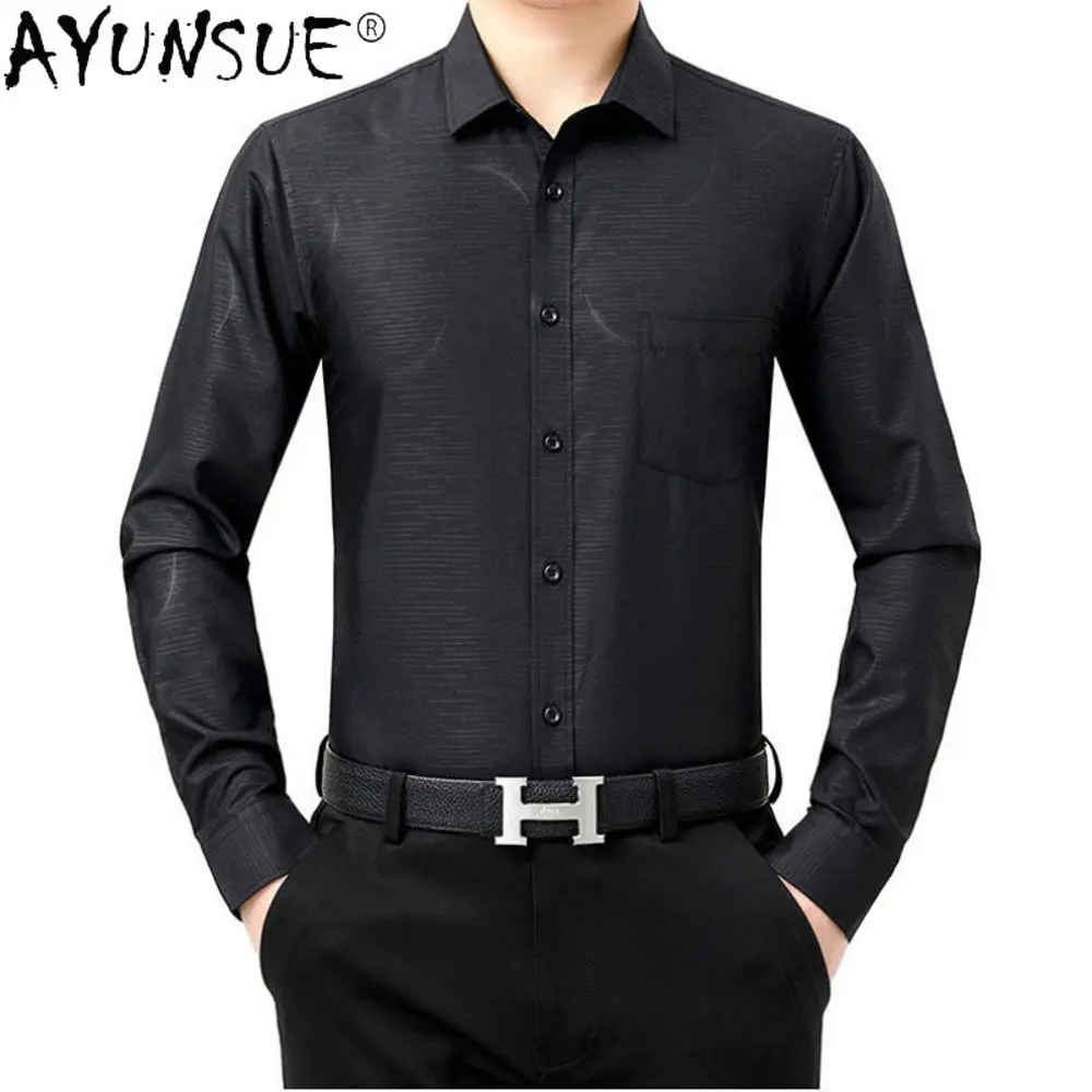 AYUNSUE-Camisa de manga larga de seda para hombre, ropa informal de negocios, Tops, 100%