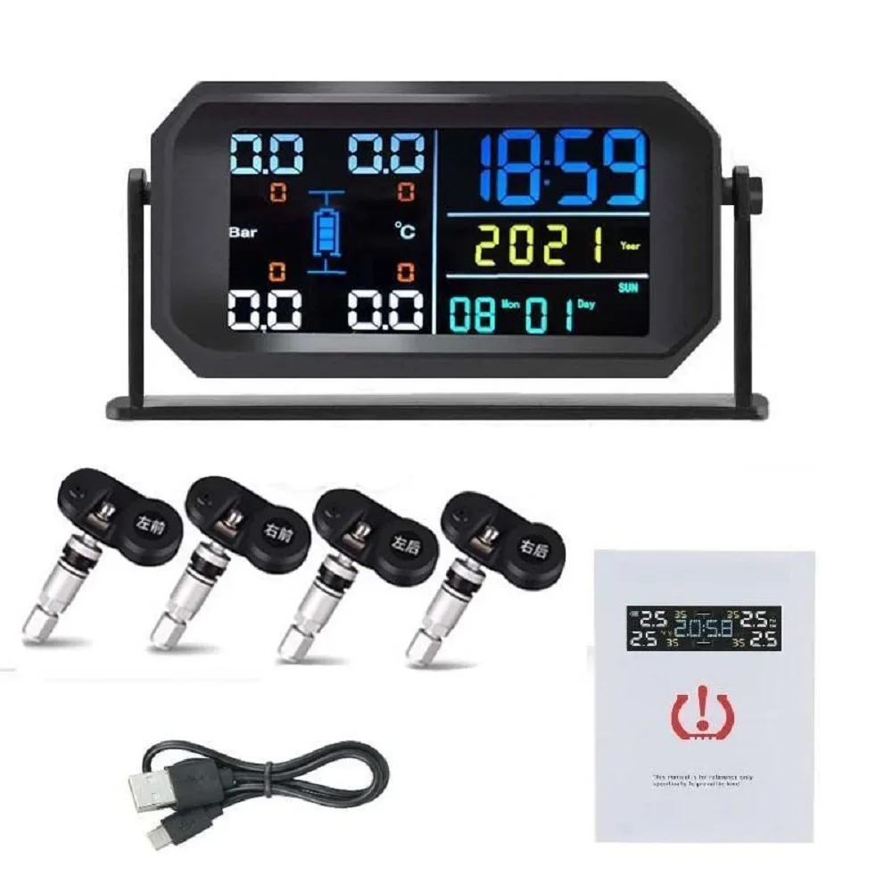 

Car Wireless Tire pressure Monitor 4 Internal External TPMS Sensor Temperature Alarm System LCD USB Solar With Rotatable Bracket