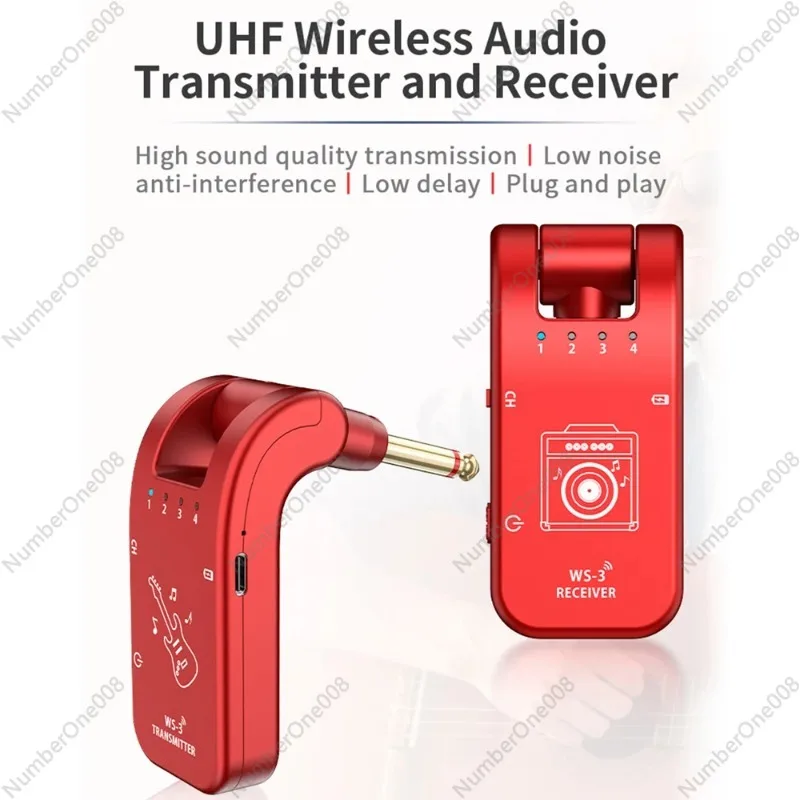 UHF Wireless Guitar System Transmitter and Receiver 4 Channel 800MHz-900MHz 6.35mm Audio Plug and Play Electric Music Instrument