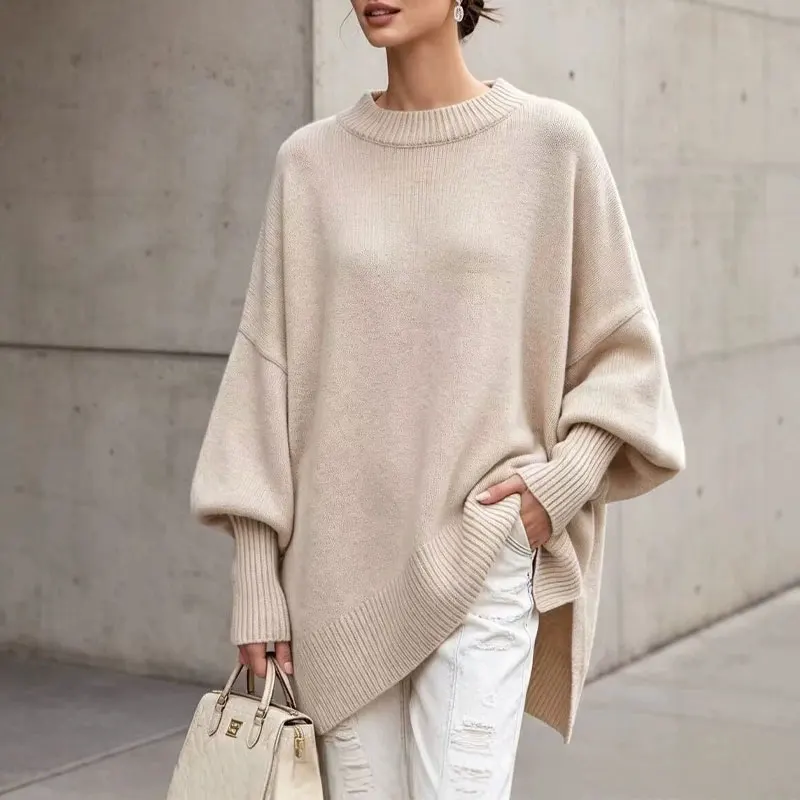 Women Long Sleeve Sweaters Crew Neck Loose Hem Pullover Slit Side Hem Casual Autumn Winter Multiple Colors Basic Knit Jumpers