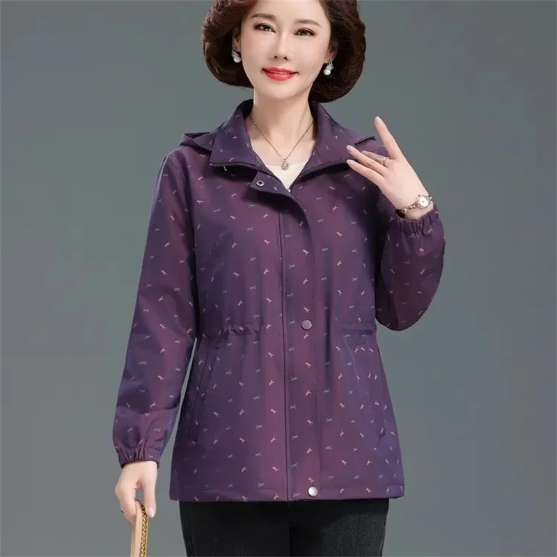 

Spring Autumn Female Fashion Hooded Short Coat Ladies Large Size 4XL Printing Outwear Middle Aged Mom Cardigan Loose Tops Jacket