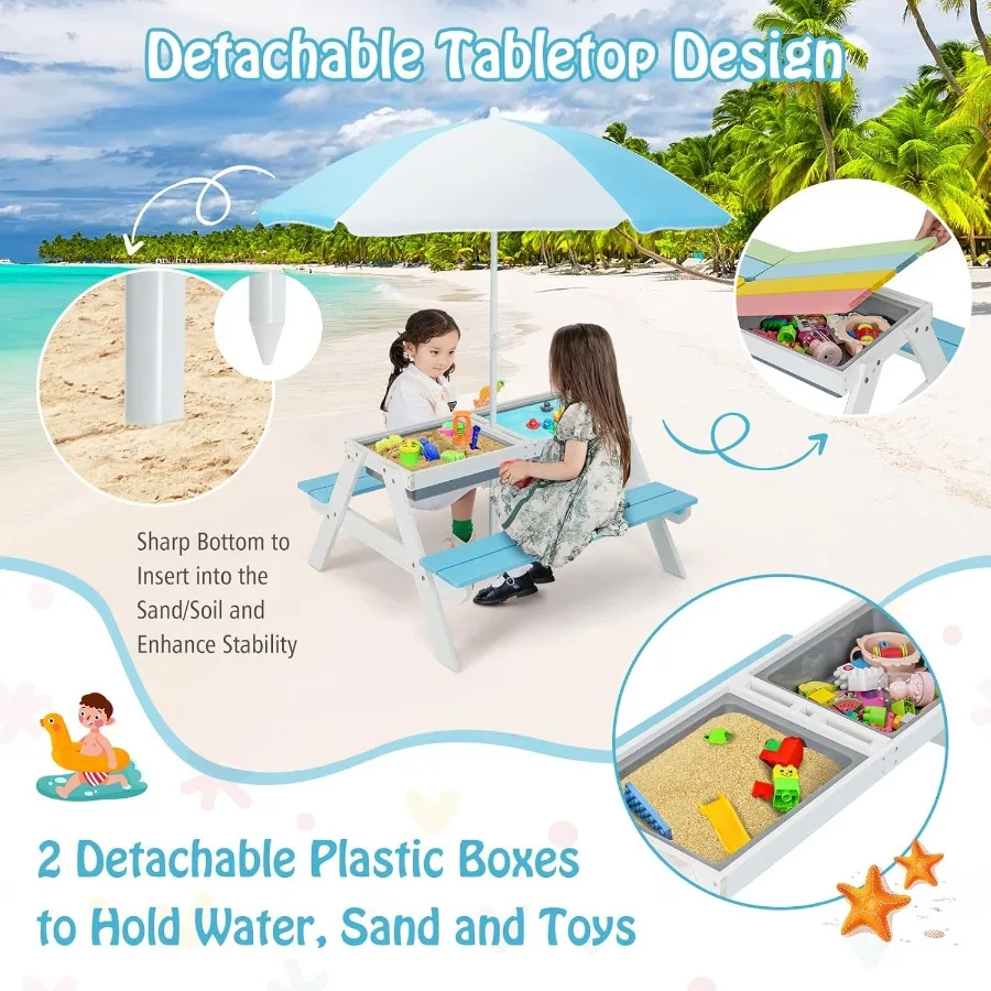 Mesa de picnic Mesa de picnic para niños pequeños 3 en 1 con paraguas de altura ajustable Mesa para exteriores con mesa desmontable y juego extraíble B