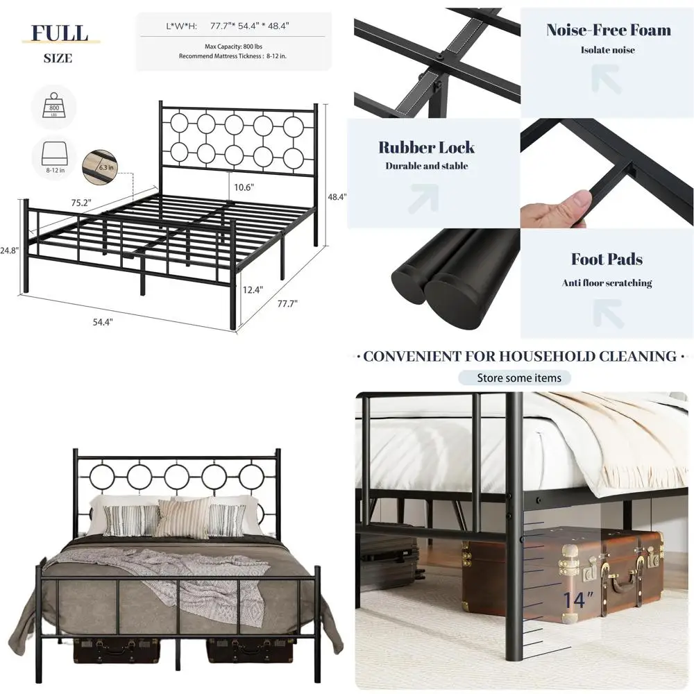 إطار سرير معدني على الطراز الفيكتوري مع مساحة تخزين ولوح أمامي ولوح للقدمين ودعم شريحة (أسود) #1