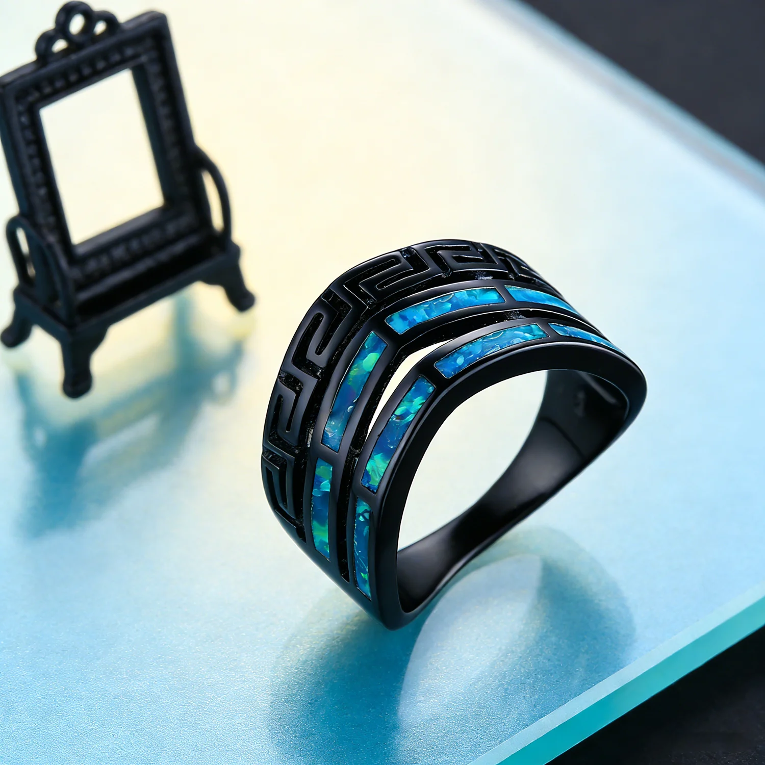 Blue Opal Ring for Women, Luxury Jewelry with Geometric Design, Multicolor Gemstone Gift for Her,Trendy 2025 Gothic Accessories