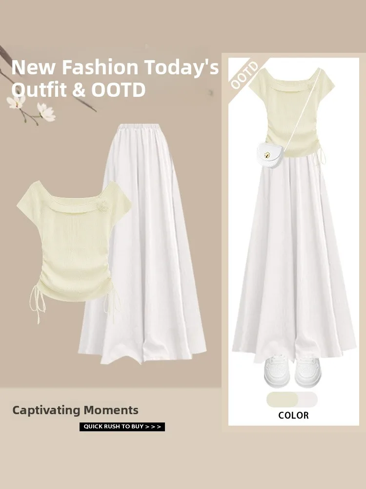 Korean Sle Slim Fit Women's T-irt Summer 2025 Faionable Design Casual Chic Waist-Cinching Top with f-length Skirt