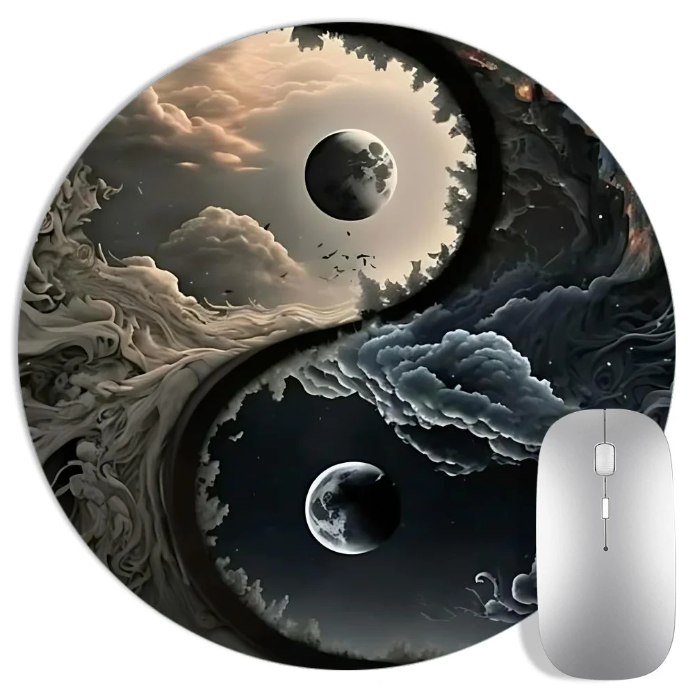 

Yin-Yang Universe circular mousepad with a celestial moon anti-slip rubber base is suitable for gaming and office decoration