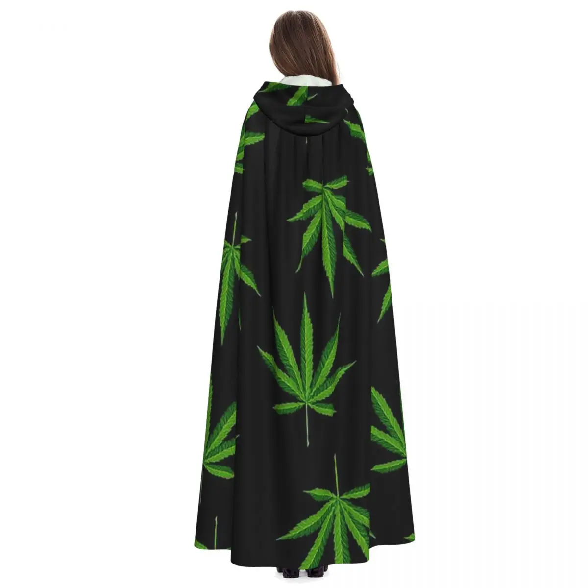 Green Fresh Cannabis Sativa Leaves Long Hooded Cloak Witch Medieval Costume Cosplay Cape HalloweenCoat Adult Unisex - view 6