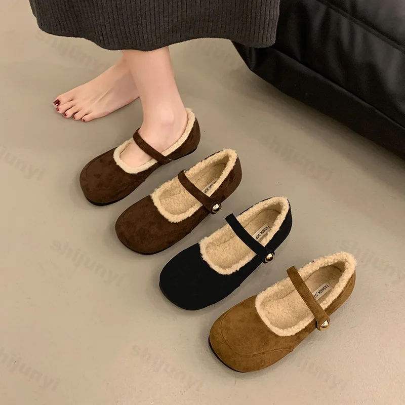 New 2025 Fashion Round Toe Ballet Flats Woman Warm Teddy Fur Mary Jane Shoes Ladies Brand Design Elegant Fluffy Plush Loafers