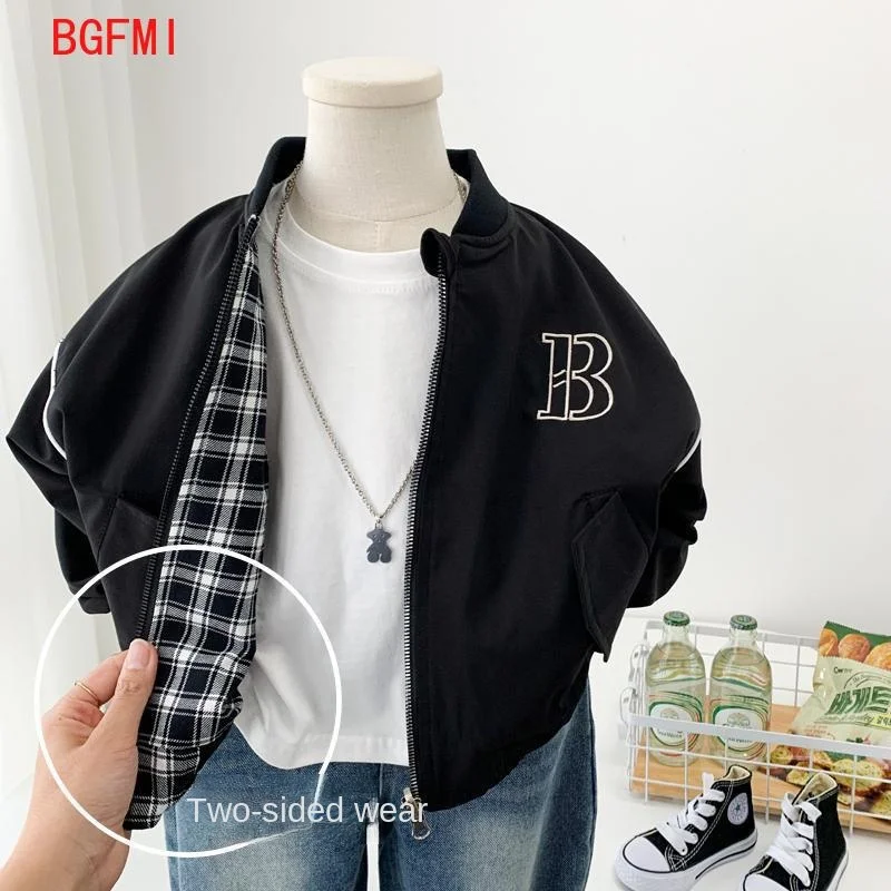 Boys Both Sides Baseball Coat 2024 New Spring Autumn Wear Children's Casual Handsome Two Faced Jackets for Children's Plaid Top