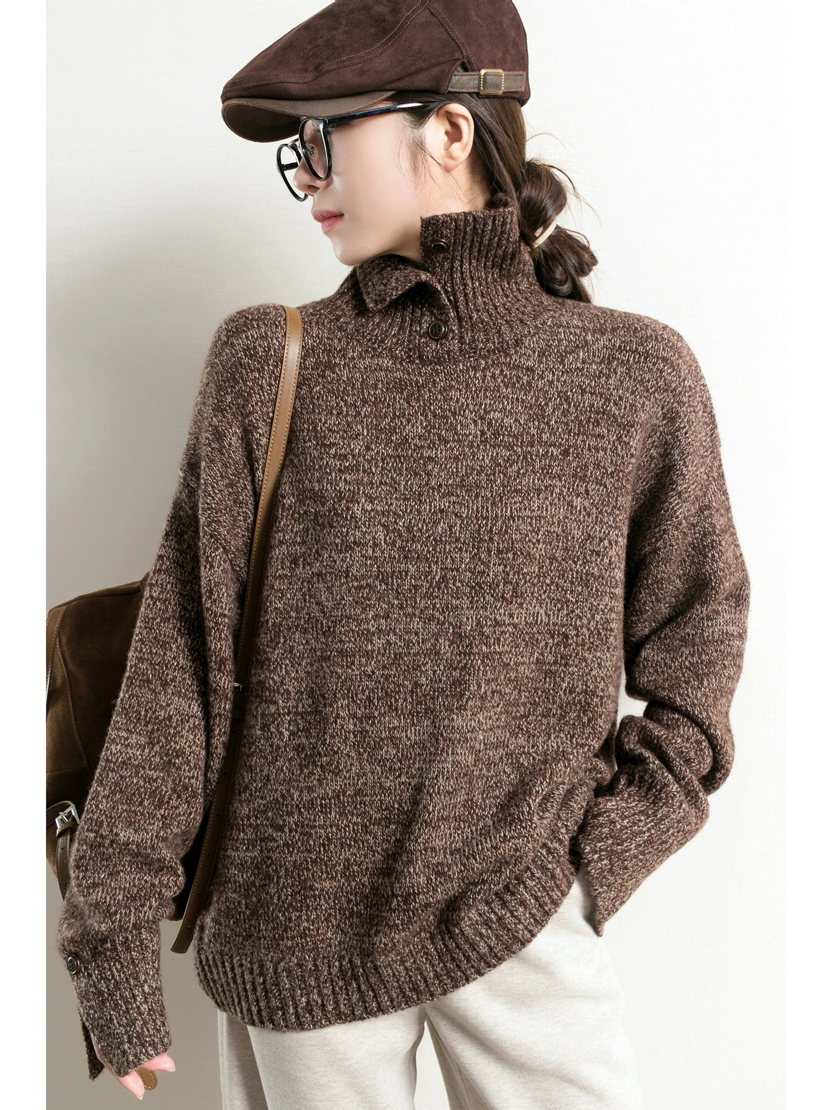 

TidePA Demure Thi High Collar 00% Wool Sweater Women's Knitted High Ne Winter Warm Casual Sle Floral Patterned Top