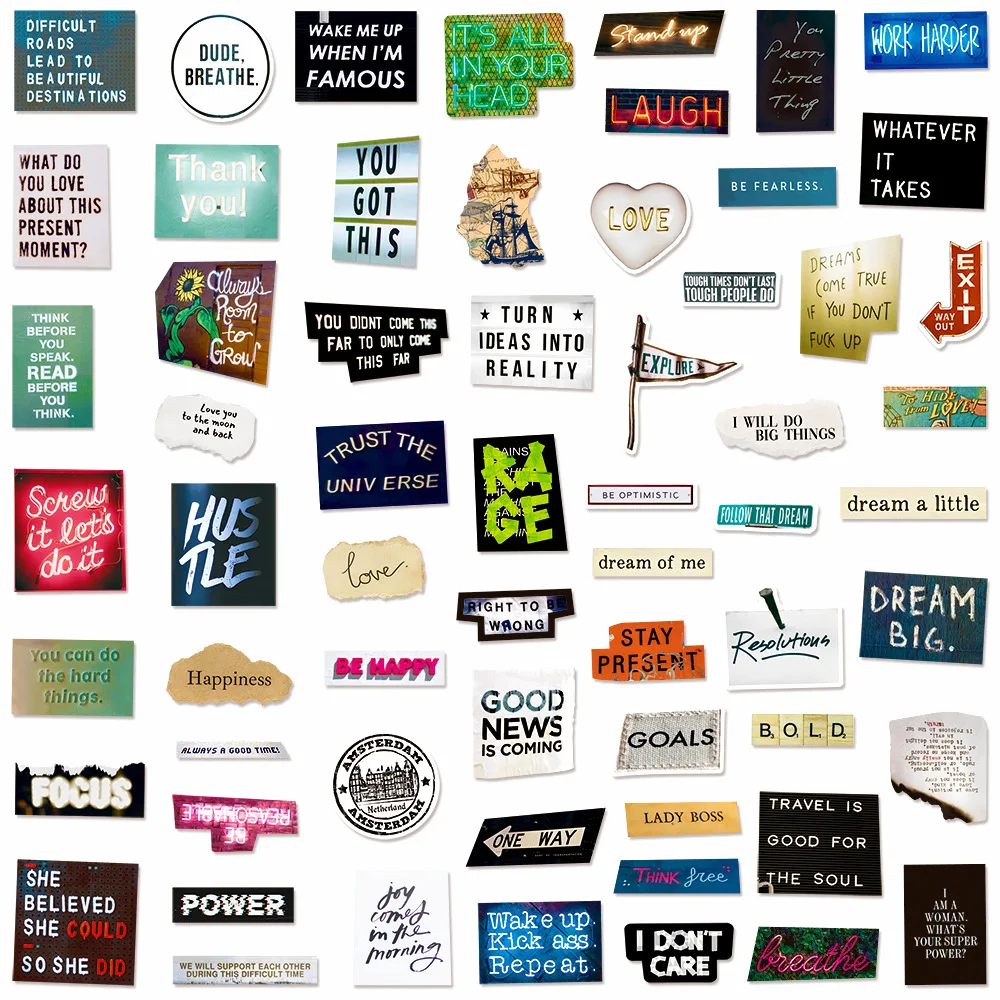 10/60pcs Inspirational English Words Stickers for Notebook Scrapbooking Craft Supplies Vintage Motivational Phrases Sticker Toy