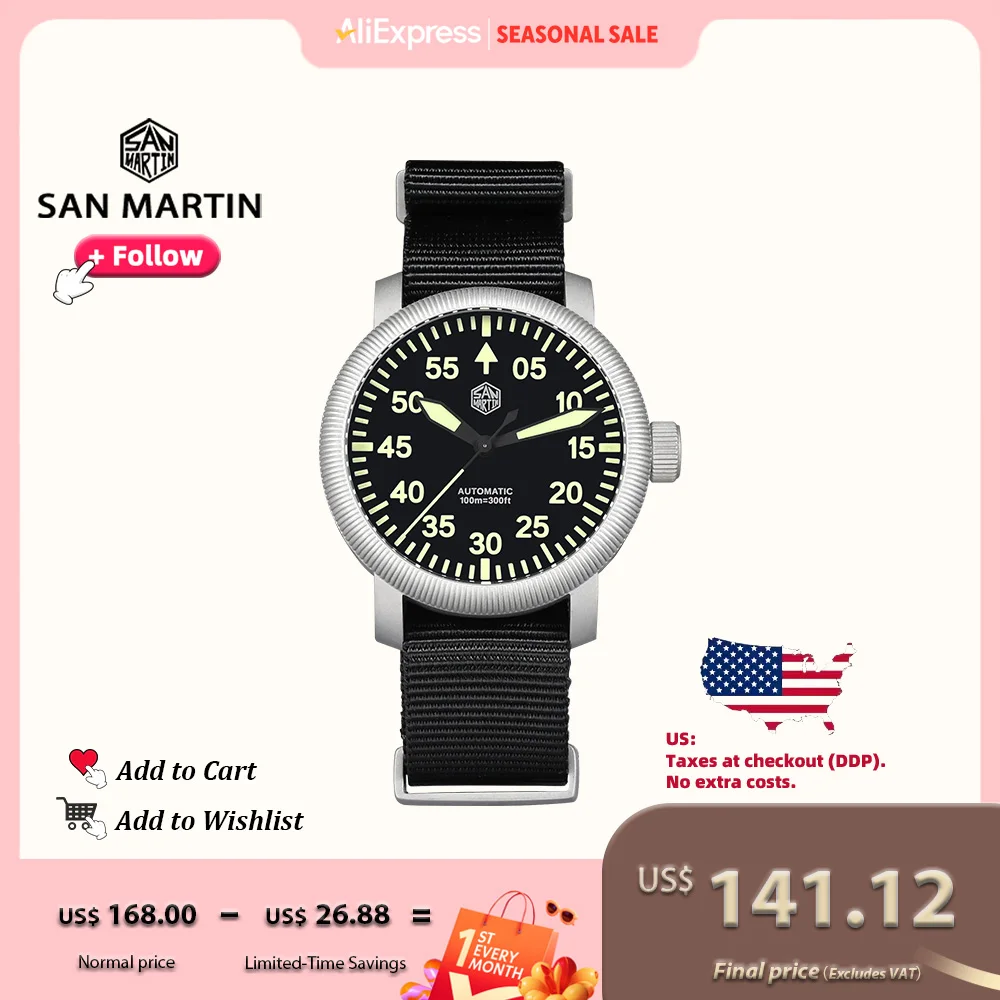 

San Martin Men Watch 40mm Simple Pilot Style Bead Blasted Steel Automatic Mechanical Watches Waterproof 10Bar C3 Luminous SN0143