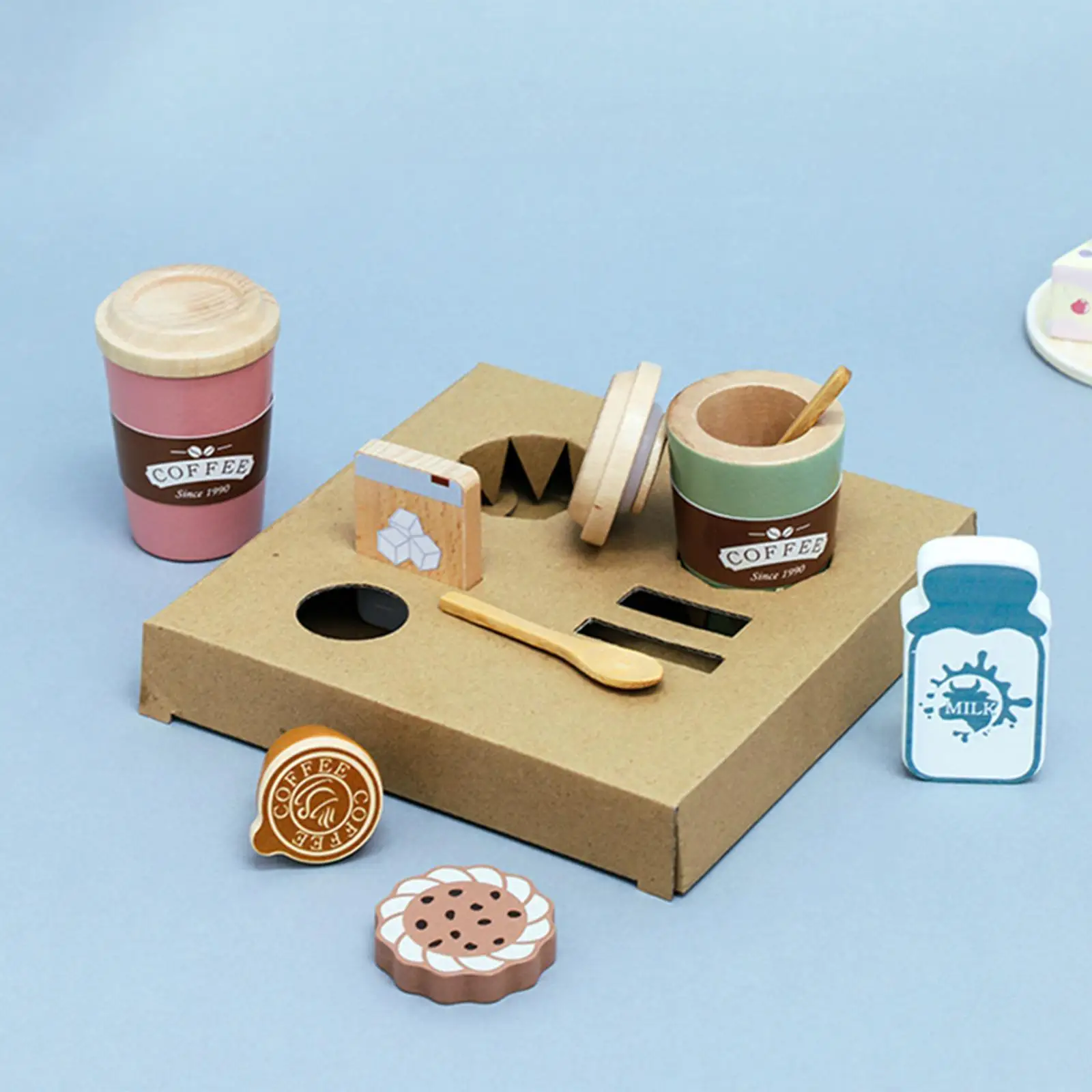 Juego de fiesta de té de madera para niños, juego de colección, aperitivos de café, juego de aperitivos de café a juego, Montessori para niños de 3 4 5 6 años