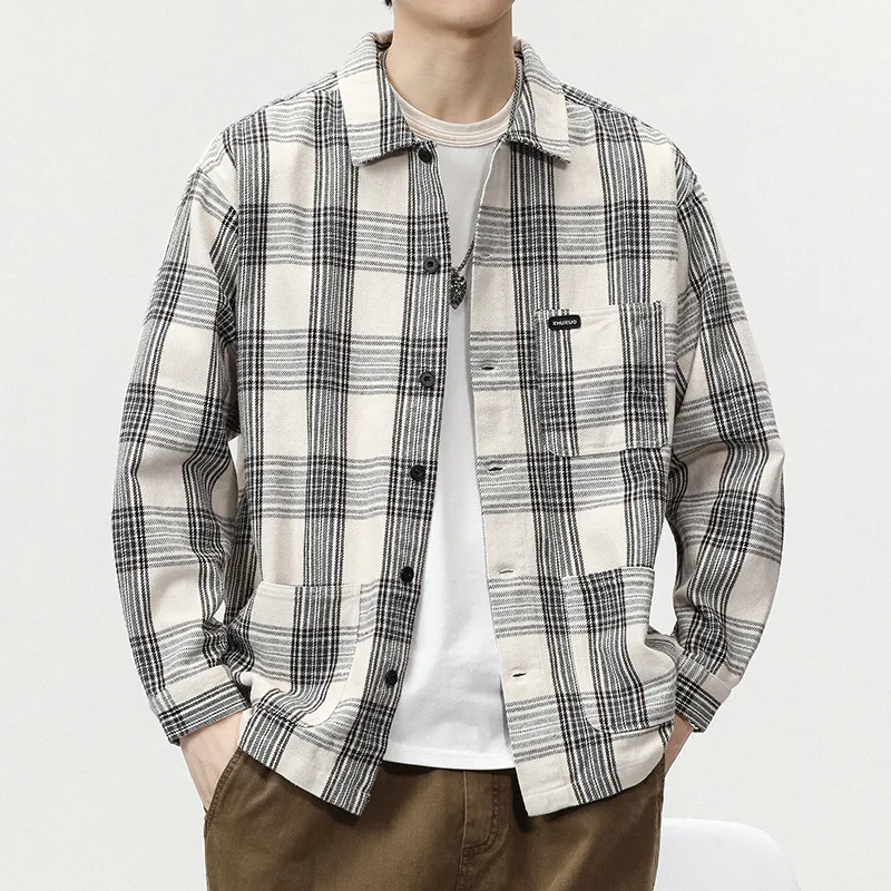 Spring and autumn new Japanese fashion brand retro heavy wash coat trend with loose plaid long-sleeved shirt