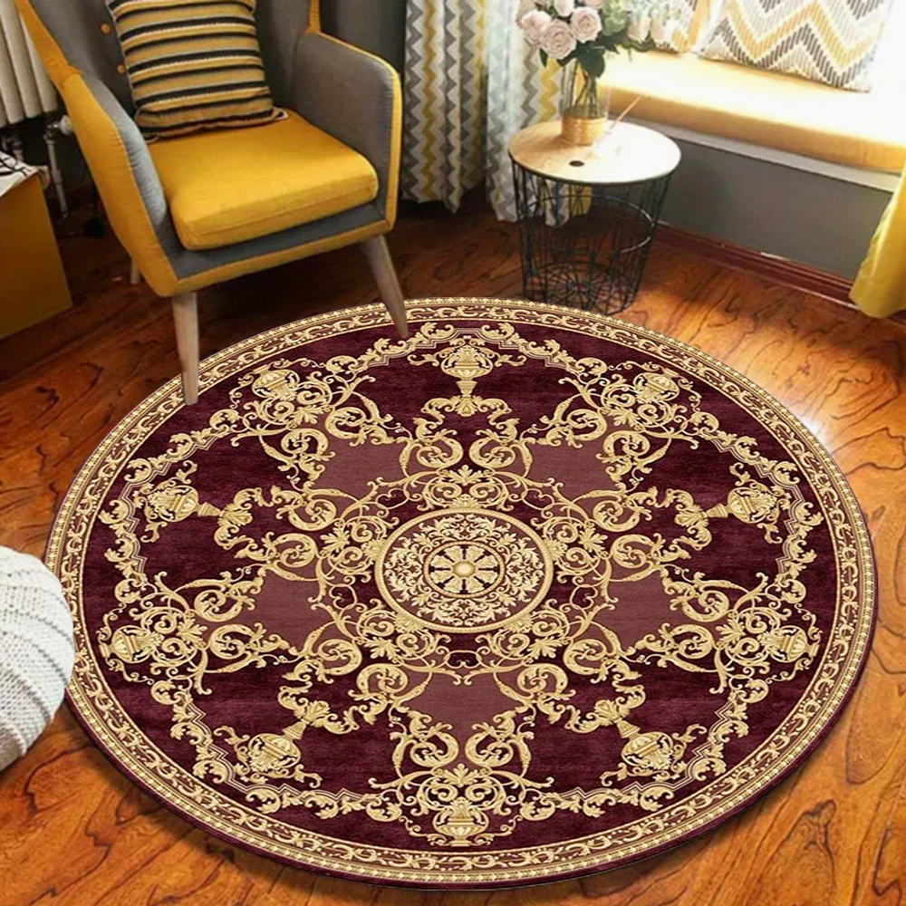Tapis rond traditionnel oriental à motifs persans, vintage, bordeaux, doux, pour salons, zones de détente et de loisirs