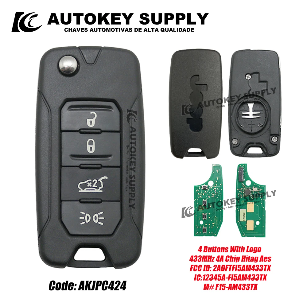 

For Jeep Remote Flip Key With Logo 433MHz 4A Chip Hitag Aes FCC ID: 2ADFTFI5AM433TX IC:12345A-FI5AM433TX