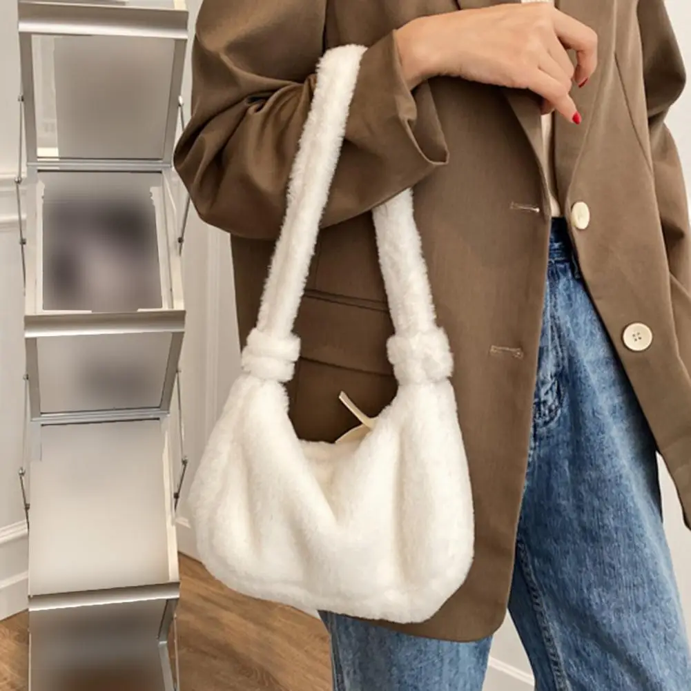 

Plush Single Shoulder Bag Women Autumn Winter Zipper Elegant French Girls Handbag Tote Purse Gift