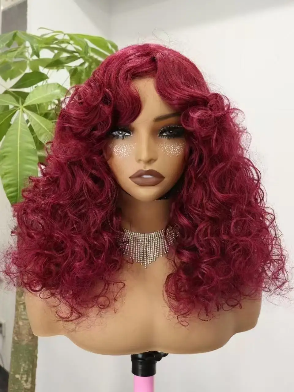 18inch 300% Density Burgundy 99J# Bouncy Loose Human Hair Wigs with Bangs Machine Made Loose Curly Brazilian Hair Wigs for Women