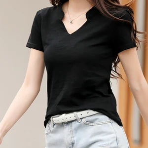 2024 الصيف الخيزران القطن تي شيرت النساء على شكل V الرقبة لينة تي شيرت النساء الأساسية أزياء الكلاسيكية S-3XL السيدات قمم أفضل 12 تي شيرت من ألياف الخيزران مبيعا - No5