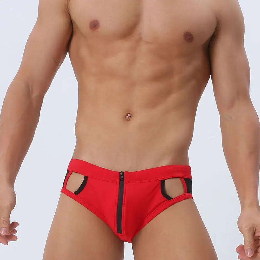 Novo masculino oco zíper frontal triângulo troncos de natação juventude cintura baixa apertado esportes triângulo troncos de natação elástico