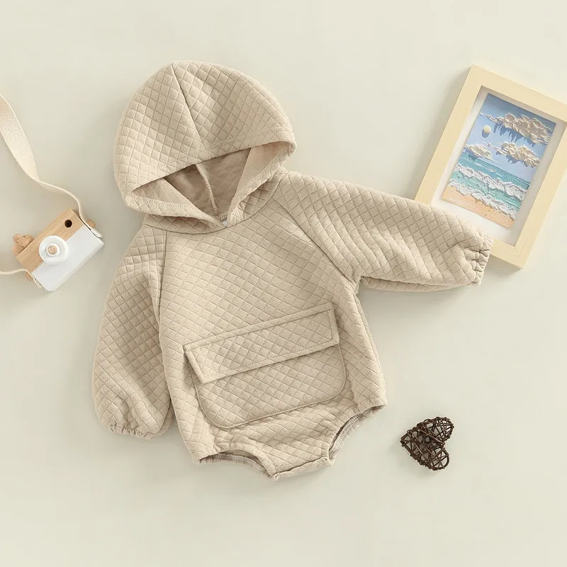 Infant Baby Girl Boy Clothes Hooded Bodysuit Fall Winter Solid Color Plaid Long Sleeve Triangle Bottom Jumpsuit with Pocket