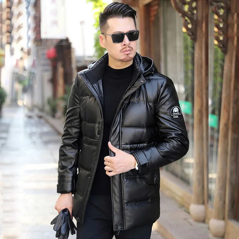 Winter Genuine Leather Coat Down Jacket For Men Mid To Long Sheepskin Man Hooded Thick Soft Duck Puffer