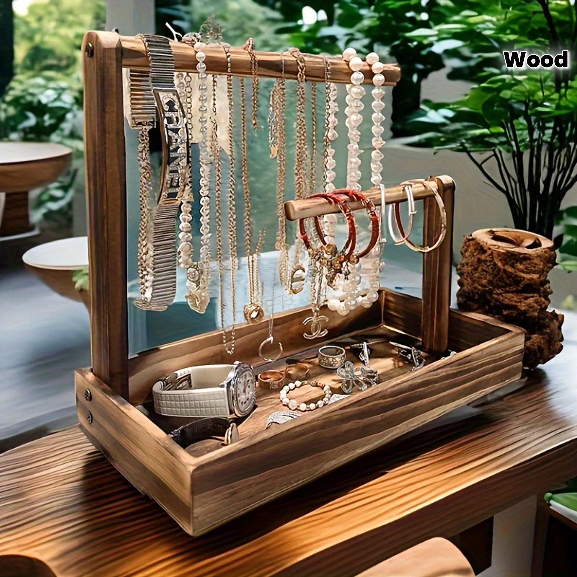 

Поднос-органайзер для ювелирных изделий из цельного дерева - многофункциональная настольная подставка для ожерелья, браслетов, колец для часов, элегантного подарка