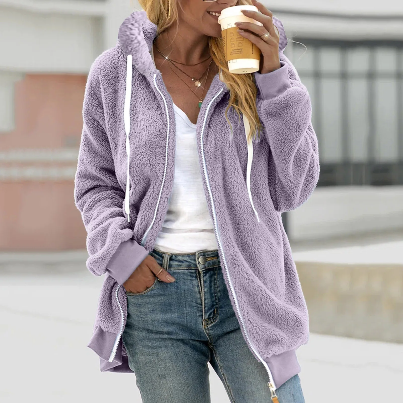 Sudaderas cálidas con cremallera para mujer, abrigo de piel sintética con capucha, chaquetas de felpa con capucha, Parka de felpa con costuras, Otoño e Invierno