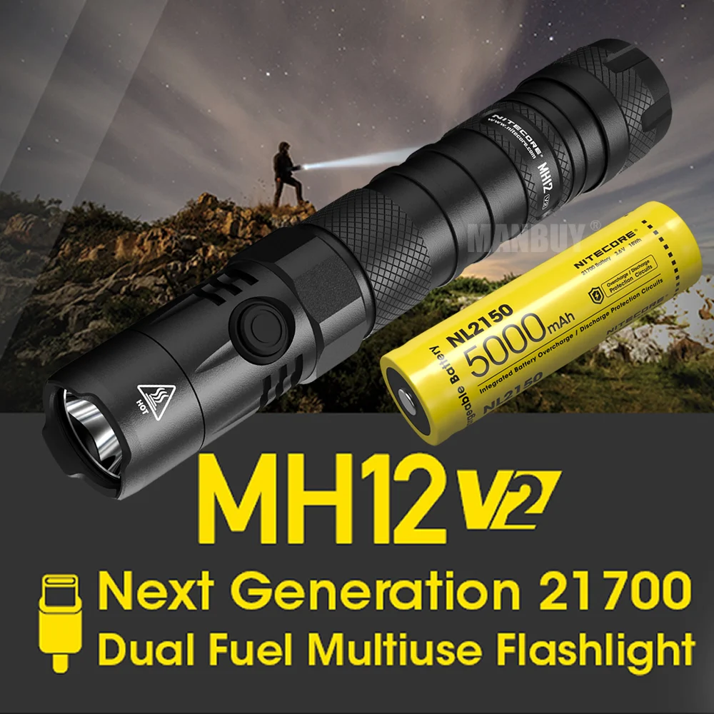 SALE nitecore MH12-v2 1200 Lumen LED USB type-C Rechargeable Flashlight + NL2150 5000mAh 21700 Battery  NTR10 Tactical Ring Pro