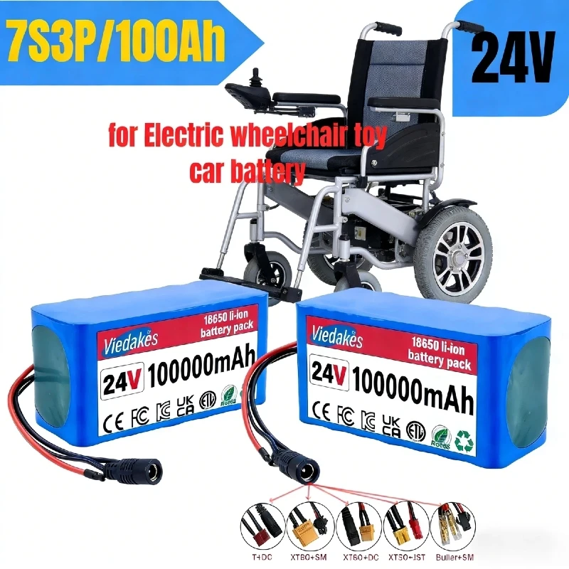 

7S3P 24V 100Ah Rechargeable Lithium Battery with BMS 29.4V 2A Charger for Electric Wheelchair Backup Power Supply