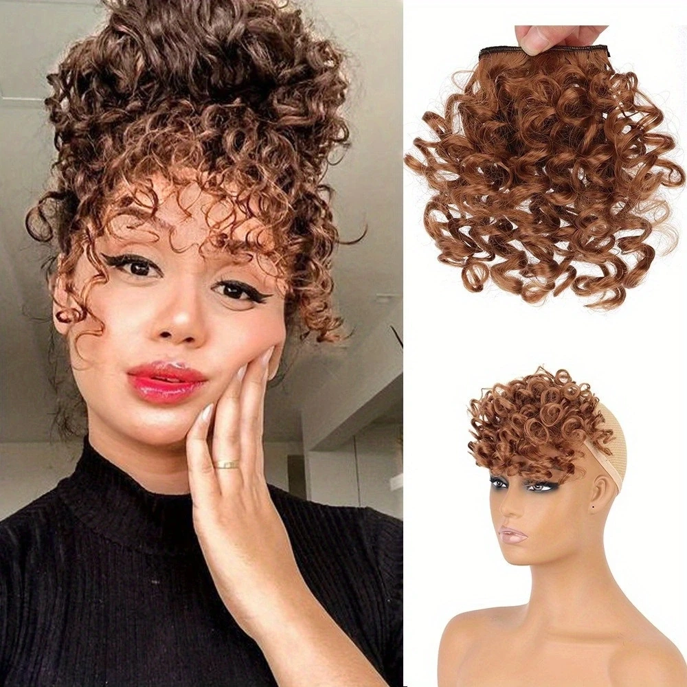 Synthetic Curly Bangs for Women Afro Puff Kinky Curly Bangs Clip In Hairpieces Natural Style Heat Resistant Fiber Hair Extension