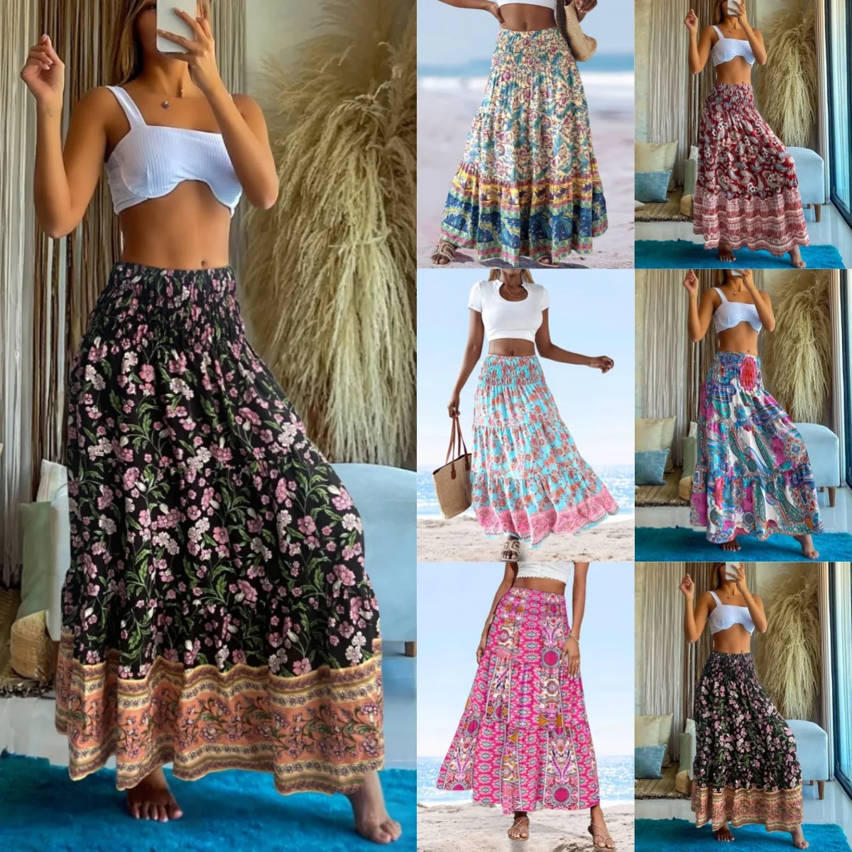 Summer Women's Skirt High Waist Elastic Waist Two-wearing Flower Print Black Vacation Party Beach Skirt