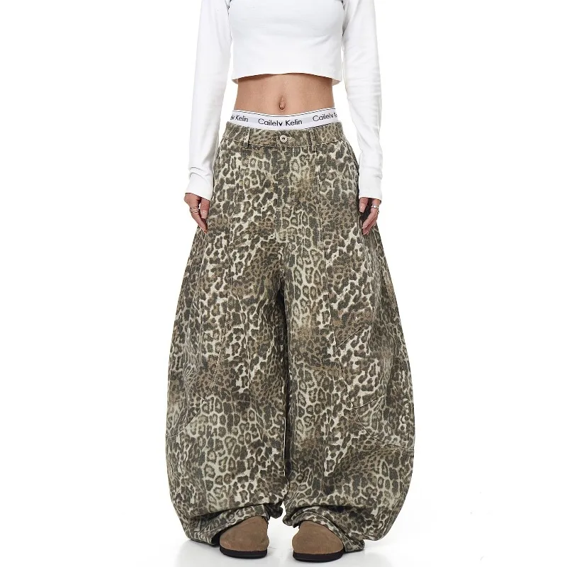 Luipaardprintbroek Dames Herfst Nieuwe High Street Design Losse dunne rechte wijde broek Retro grote zak Scimitar Jeans