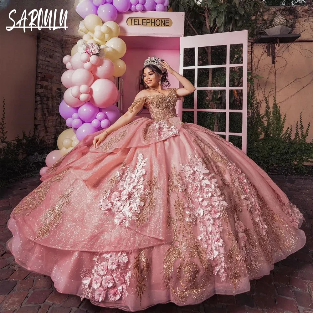 Pink Floral Appliques Princess Quinceanera Dress Shiny Birthday Ball Gown Floor-length Customized Dresses Vestidos De Novia