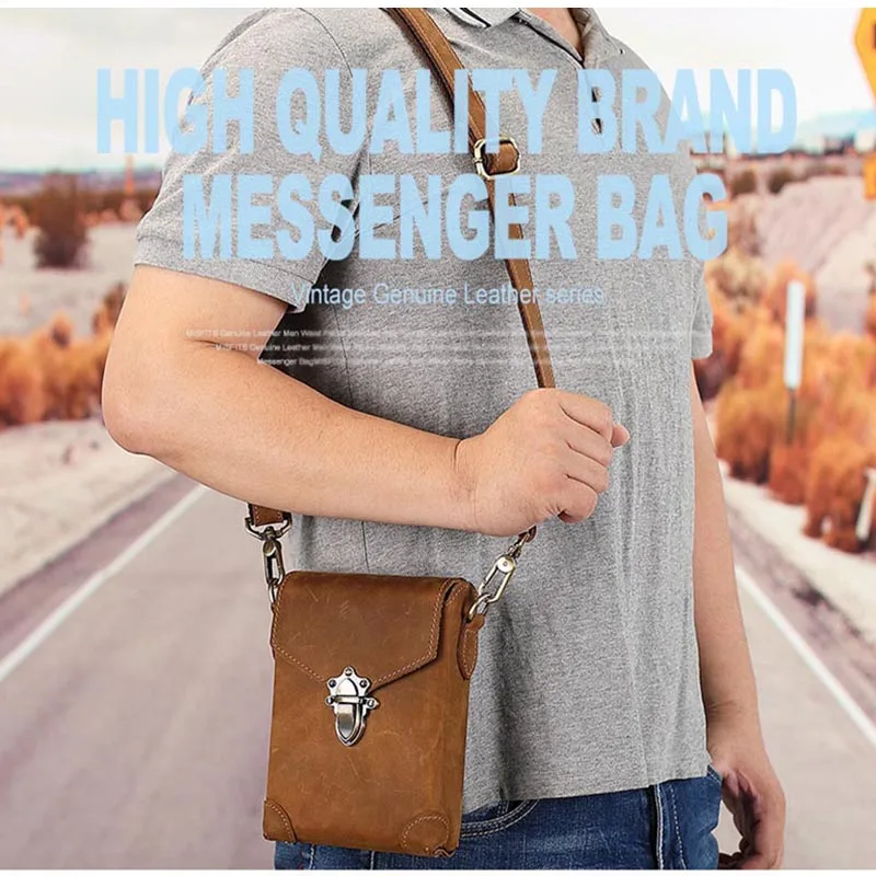 Men Genuine Leather Waist Bag 2 Use Cow Leather Small Sling Bag Cowhide Phone Fanny Waist Pack Real Leather Shoulder Bag