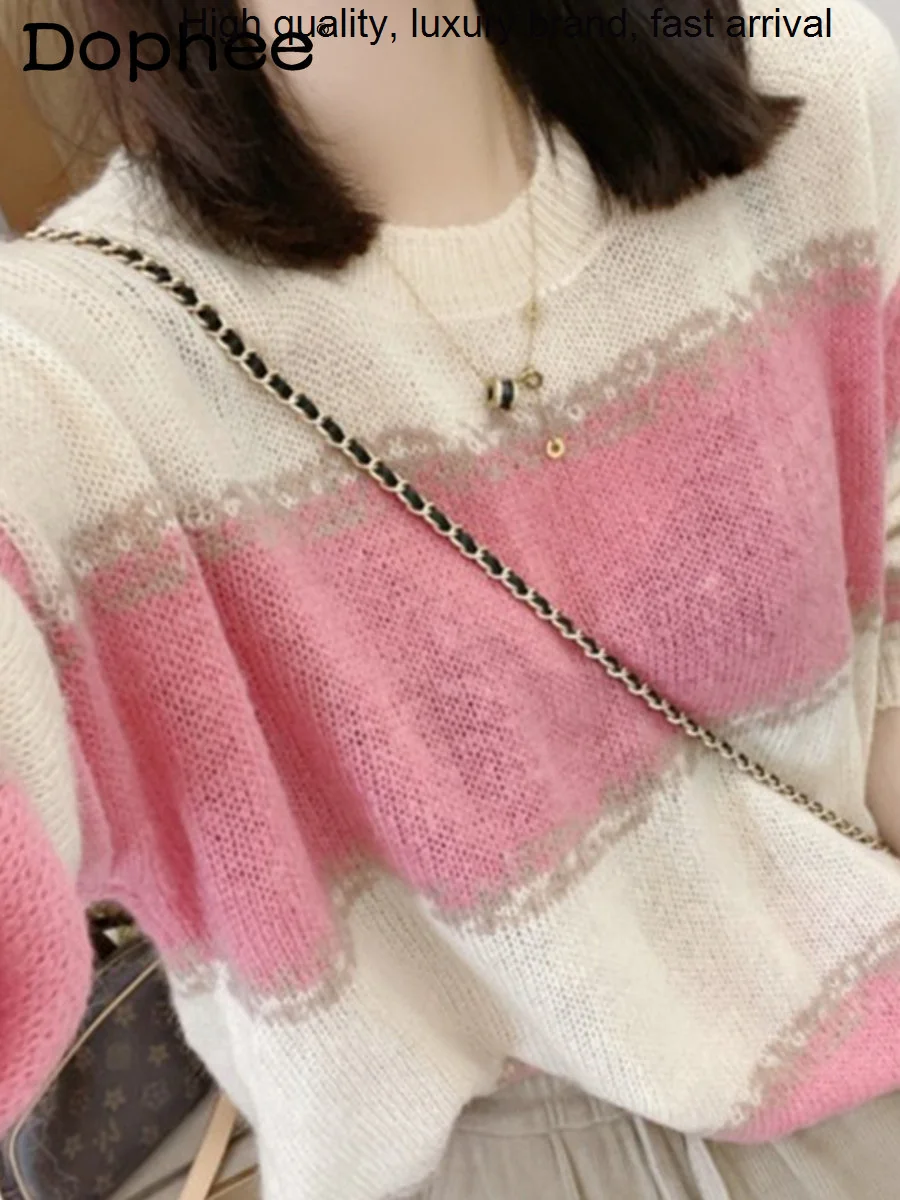 

New Autumn 2023 Winter Color Matching Striped Cashmere Women Sweet All-Matching O-Neck Long Sleeve Bottoming Sweater Top