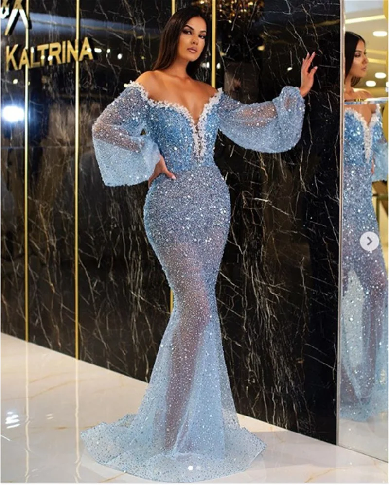 Pailletten Paille tte Frauen Ballkleid tiefen V-Ausschnitt Meerjungfrau Party kleid glamourös blau schiere Puff ärmel Abendkleid neueste auf Lager