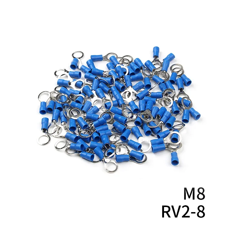 100Pcs/Set RV2 Insulated Blue Ring Terminals Wire Cable Electrical Crimp Connectors 16-14 AWG Kit M3/M4/M5/M6/M8