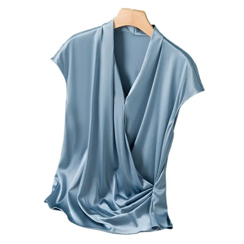 New Summer Casual Solid chiffon Tops Office Ladies Sexy V neck artificial silk Blouses Women Elegant Acetate satin Shirt 