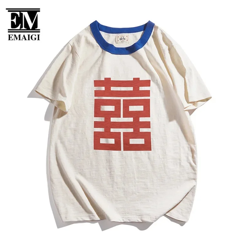 Slub Cotton Chinese 80s Vintage Print Loose Casual T-shirts Men Women Streetwear Fashion Short Sleeve Tshirts Couple T Shirts