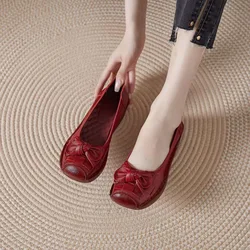 2024 Red Moccasins Retro For Women Genuine Leather Flats Breathable Loafers Shoes Women's Soft Casual Flat Shoes