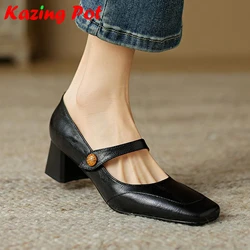 Krazing Pot Sheep Leather Shallow Square Toe Thick Med Heels Vintage Young Lady Superstar Elegant Dress Mary Janes Women Pumps