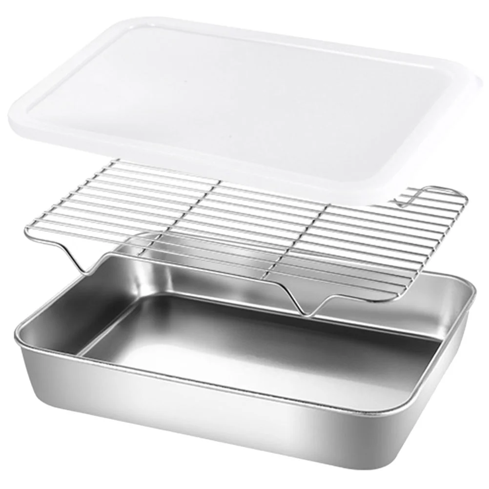 Stainless Steel Bakeware Roasting Pan Metal Baking Tray Grilling Platter Plate with Rack Vegetable Draining Small for Home